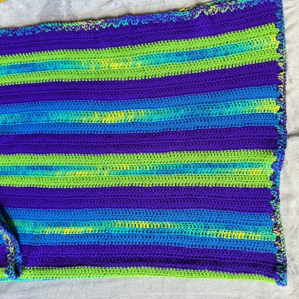 Vtg Handmade Crochet Throw Blanket Purple Green Blue Striped Lapghan 42x34
